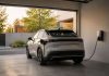 Balanceo de carga para coche eléctrico: cómo encaja en la potencia de casa Coche eléctrico cargando en un garaje doméstico luminoso junto a un cargador mural.