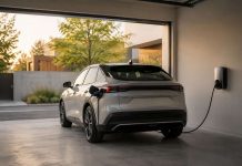 Balanceo de carga para coche eléctrico: cómo encaja en la potencia de casa Coche eléctrico cargando en un garaje doméstico luminoso junto a un cargador mural.