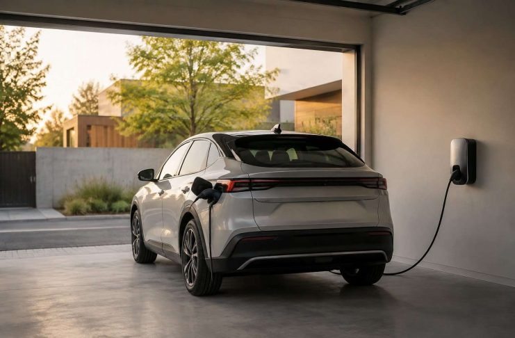 Balanceo de carga para coche eléctrico: cómo encaja en la potencia de casa Coche eléctrico cargando en un garaje doméstico luminoso junto a un cargador mural.
