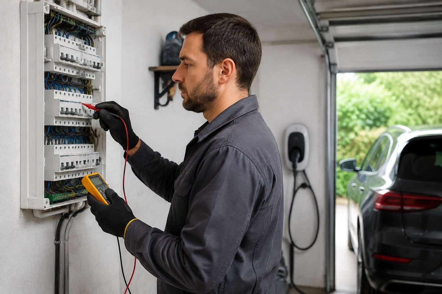 Profesional revisando un cuadro eléctrico doméstico cerca de un cargador de vehículo.
