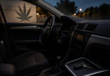 Interior de un coche estacionado con el asiento del conductor vacío y las llaves apartadas