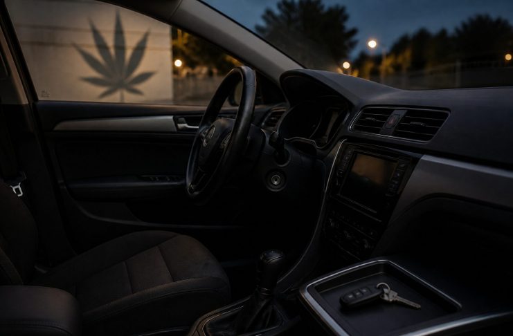 Cómo afecta el cannabis a la conducción y por qué aumenta el riesgo Interior de un coche estacionado con el asiento del conductor vacío y las llaves apartadas