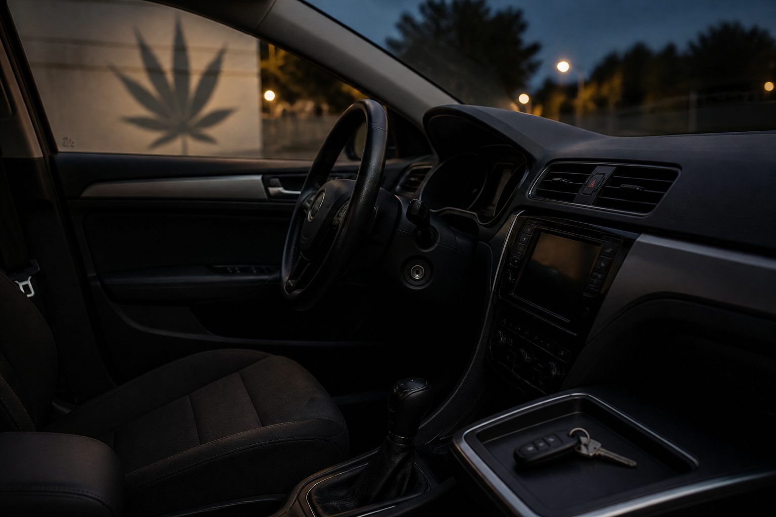 Interior de un coche estacionado con el asiento del conductor vacío y las llaves apartadas