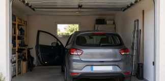 Coche pequeño estacionado en un garaje doméstico con la puerta del conductor abierta y espacio para salir.