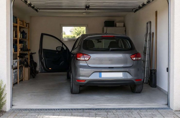 Coche pequeño estacionado en un garaje doméstico con la puerta del conductor abierta y espacio para salir.