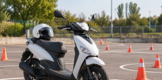 Cuánto cuesta sacarse el carnet de ciclomotor y qué incluye el precio Ciclomotor aparcado entre conos en una pista de prácticas, con un casco sobre el asiento.