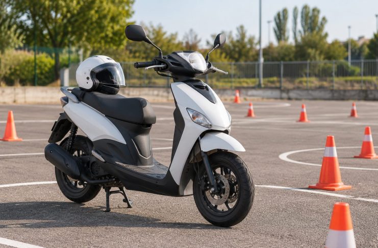Ciclomotor aparcado entre conos en una pista de prácticas, con un casco sobre el asiento.