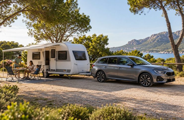 Qué caravana puedes llevar con el carnet B: pesos y ejemplos Turismo familiar enganchado a una caravana compacta en una parcela de camping arbolada.