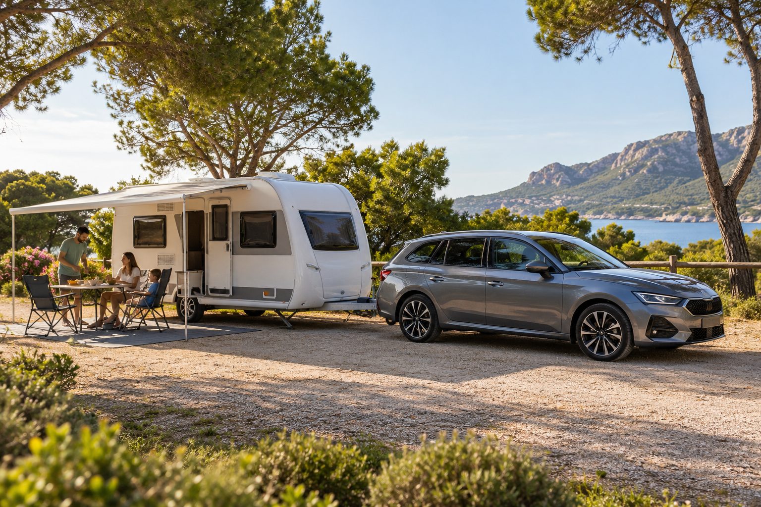Turismo familiar enganchado a una caravana compacta en una parcela de camping arbolada.